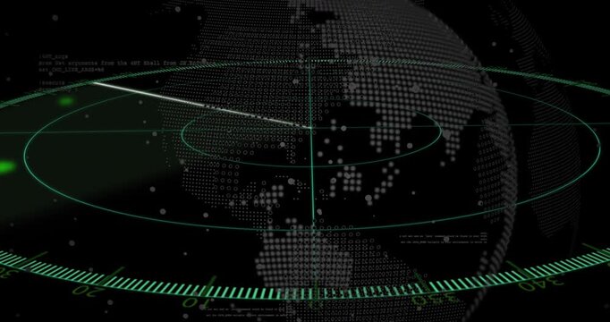 Scan beam appearing top-right sweeping holo globe rings in radar UI pulsing green blip for tracking