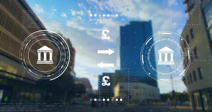Financial HUD overlay cycling currency pairs on market feed animating bank rings over city street