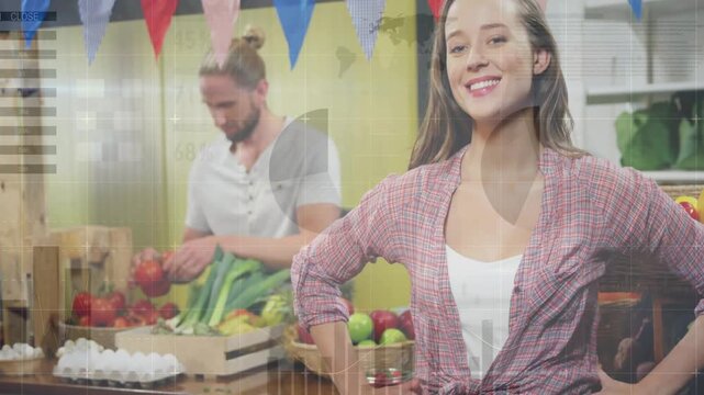 Woman shifting to presenting stall to camera after male sorting tomatoes, HUD on vendor, crates