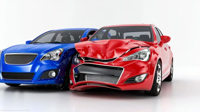 Blue car collides with red car, showing progressive damage to front end, highlighting impact effects and crumpled metal in a clean, white background setting