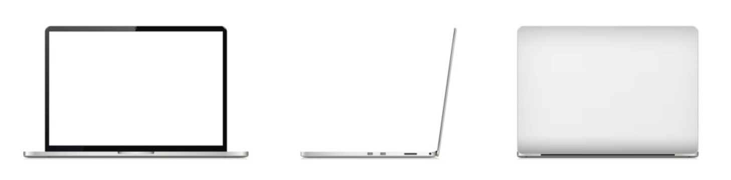 Realistic laptop computer mockup with blank screen different angles views