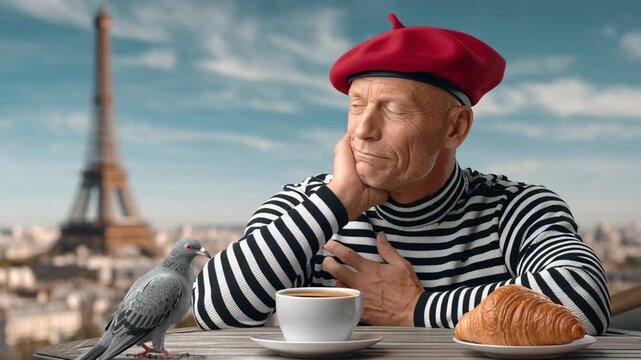 Male figure in beret and striped shirt sits at outdoor cafe table with coffee and croissant, gazing thoughtfully at the Eiffel Tower in Paris, France