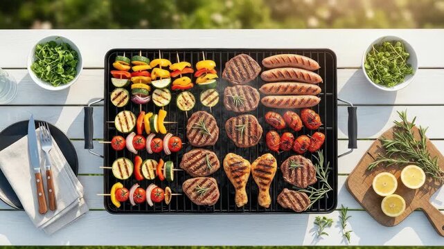 Grilled food assortment on outdoor barbecue grill with vegetables and sausages