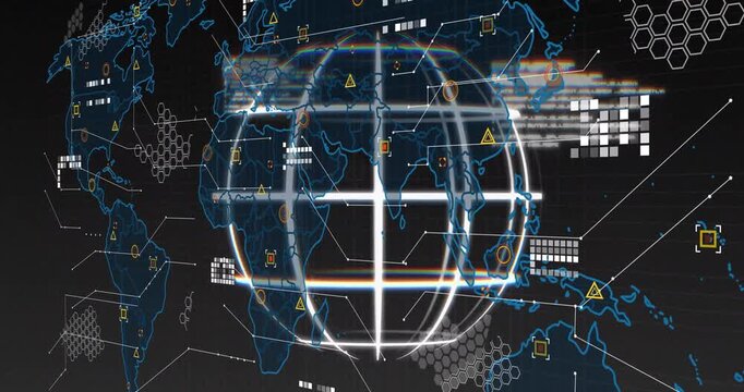 Bright sphere appearing, grid globe rotating, pulsing, HUD moving markers tagging Asia monitoring