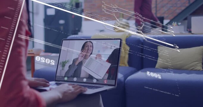 Laptop host starting demo raising pages pointing, HUD sweeping, seated typing presenting report