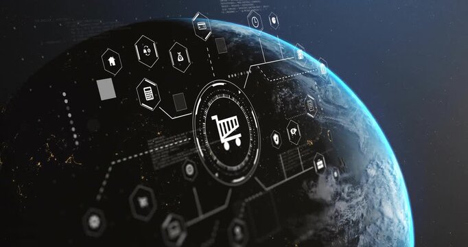 Cart hub activating after camera approach triggers fade, linking hex icons mapping global commerce