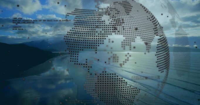 Drone pan starting dotted globe turning over coast, dots floating, HUD grids showing lands for maps