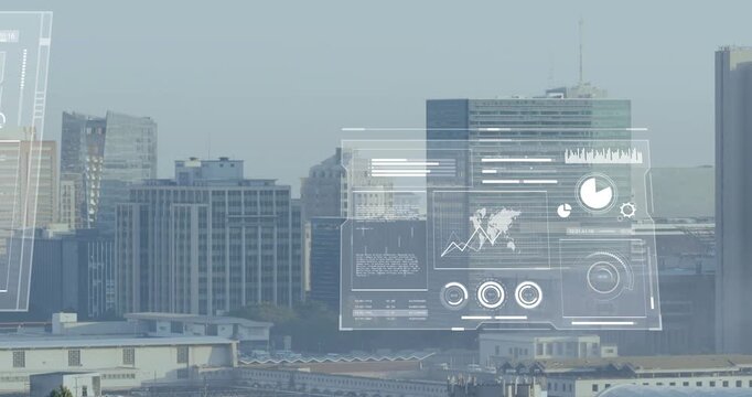 Sliding panel from right, HUDs shifting over downtown skyline by glass tower showing charts, globe