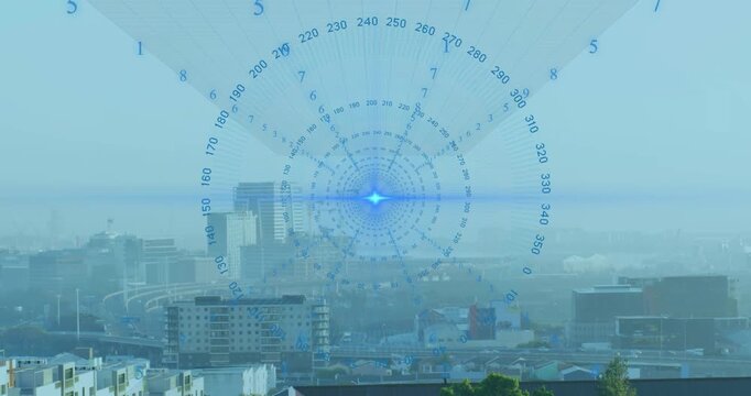 Frame one overlay appearing, translucent blue HUD rotating and pulsing, visualizing skyline scan