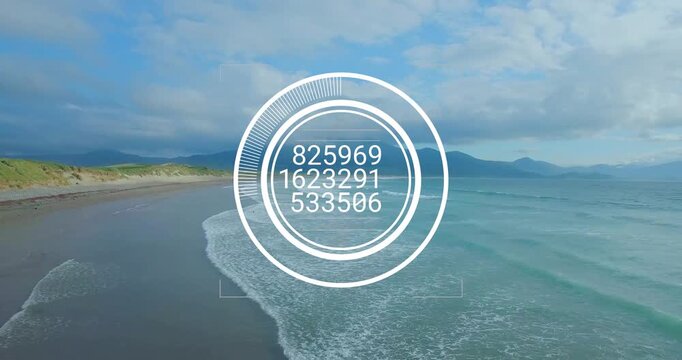 Drone initiating HUD scan over coastline, rings spinning while stacked numbers updating for mapping