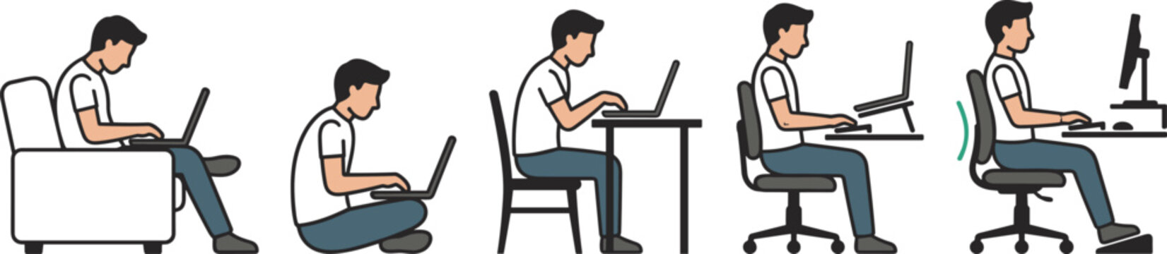 Illustration of a Man Working in Different Sitting Positions with Laptop for Ergonomic, Home Office, and Work Productivity Concepts