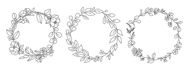 Obraz premium Delicate floral wreaths in black and white line art. Each design features varying leaf patterns and textures. Ideal for vintage or botanical themed projects