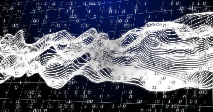 Glowing waveform starting, meshing and rising as bits cascading, camera zooming, visualizing data