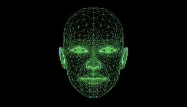 Human face as a glowing green wireframe model providing secure identification through advanced biometric technology in an abstract digital environment