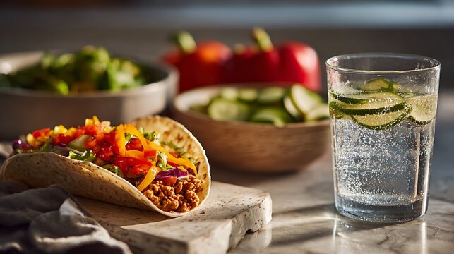 A balanced healthy taco filled with crisp vegetables and lean protein as the main subject, presented on a light stone surface beside a glass of infused water and bowls of fresh produce, soft afternoon