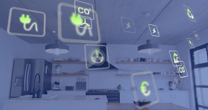 Sequence start spawning green energy icons drifting across kitchen visualizing utility data