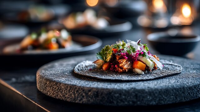 A carefully plated gourmet taco with premium ingredients as the main subject, displayed on a sleek dark stone plate within a modern fine dining environment with minimalist table styling, controlled so