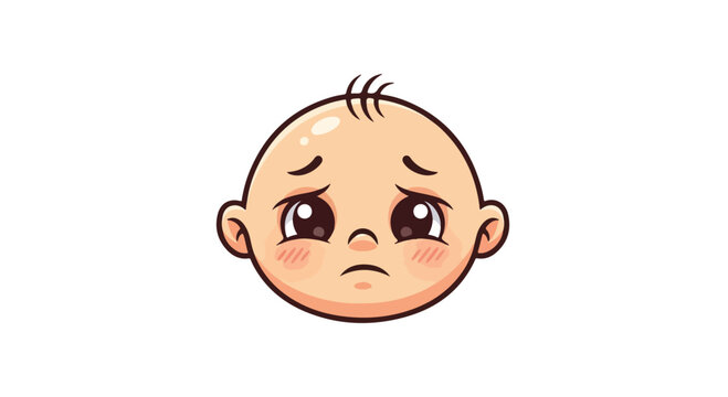 Sad cartoon baby face with frowning eyebrows and rosy cheeks on a white background.