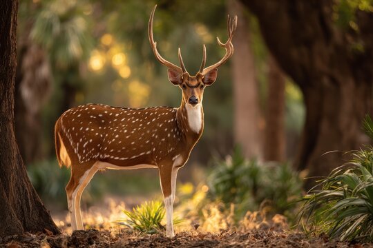 Three-quarter portrait of an axis deer buck amid lush green undergrowth