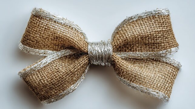 Top-down still life of burlap ribbon bow with silver thread on white background