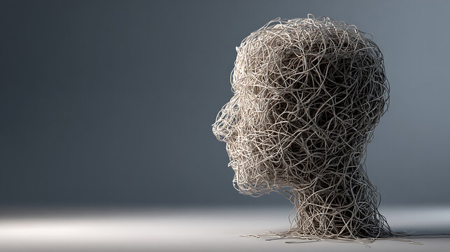 Human head formed from tangled wires, symbolizing complex thoughts, confusion, and mental overload. Concept of anxiety, chaos, and psychological tension in a minimal, surreal composition