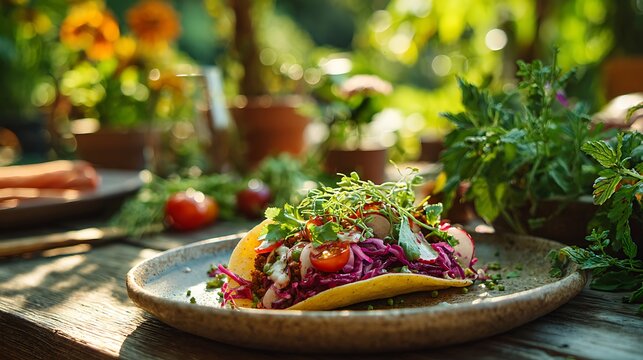 A colorful taco made with fresh garden ingredients as the main subject, displayed on a rustic plate in an outdoor garden table setting surrounded by herbs, vegetables and natural greenery, warm natura