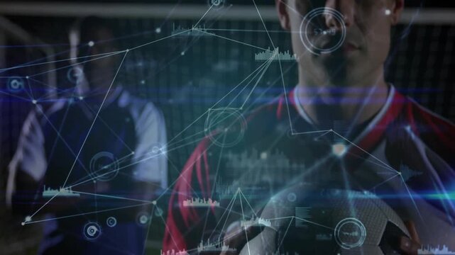 Camera panning up from hands, soccer player holding ball while HUD overlays forming analytics web