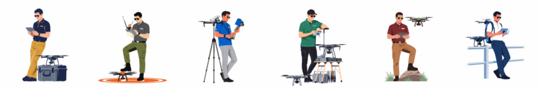 Flat vector illustration collection of professional male drone pilots operating various unmanned aerial vehicles with remote controllers and tablets.
