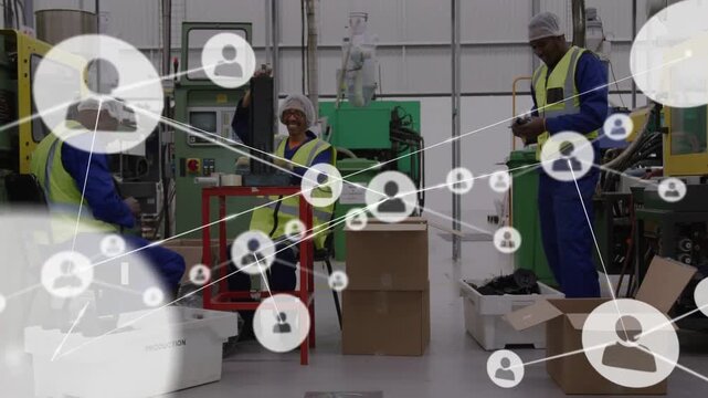 Three factory workers handling parts and packing initiating faint node network growing to map flow