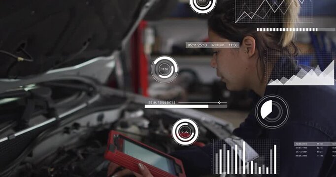 Vertical video: Woman auto tech connecting probe reading red tablet diagnosing engine with overlays