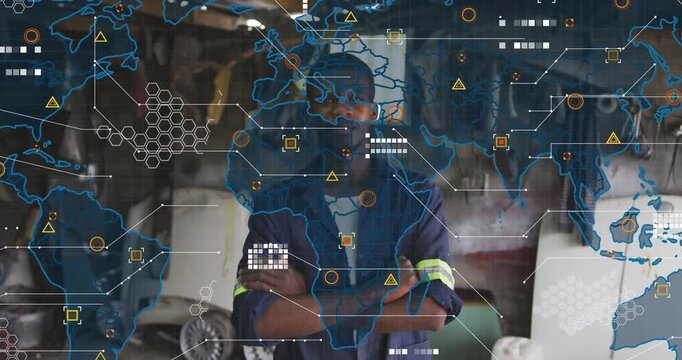 Workshop mechanic standing arms crossed while world map fading, layering data overlay over subject