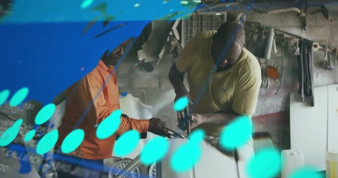 Digital overlay appearing and growing while two men holding panel and using tool, repairing seam