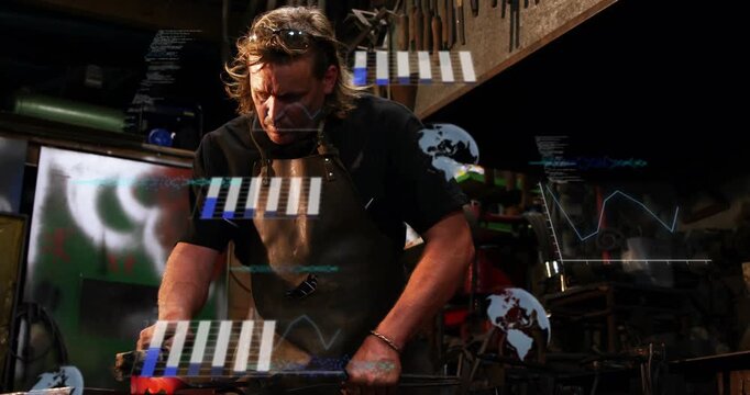 Blacksmith shaping glowing metal in forge, heat causing strikes while HUD bars mapping alignment