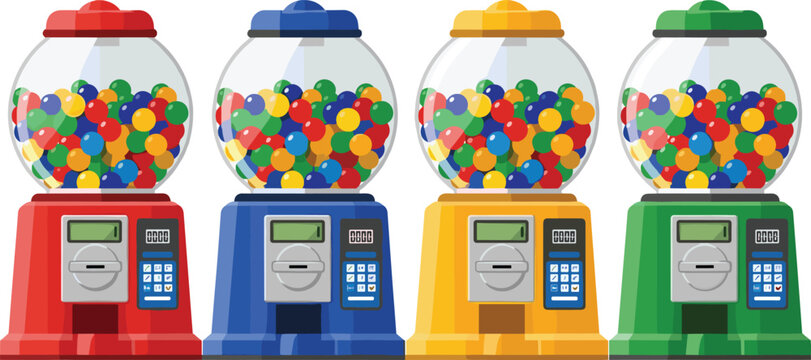 Gumball vending machines vector set featuring colorful candy dispensers, retro bubble gum machines isolated for retail design, kids illustration, arcade theme and commercial use