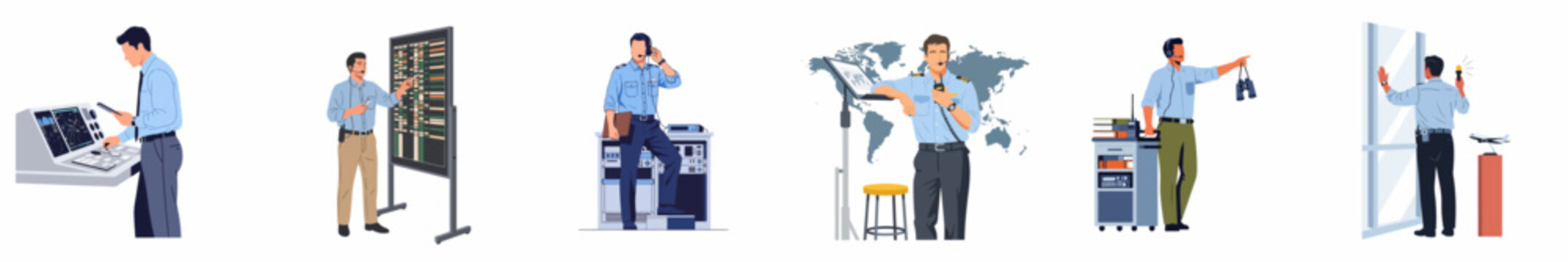 Flat vector illustrations of airport ground staff and air traffic controllers performing various duties like radar monitoring, scheduling, and communication in an aviation environment.