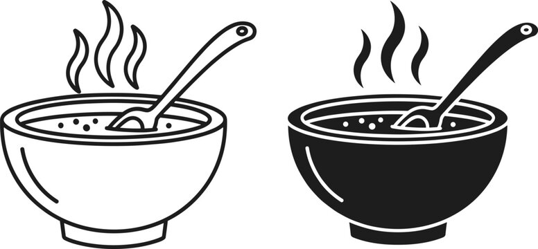 Hot soup bowl icon set with spoon and steam, simple food line and solid silhouette vector illustration isolated on white background for menu design