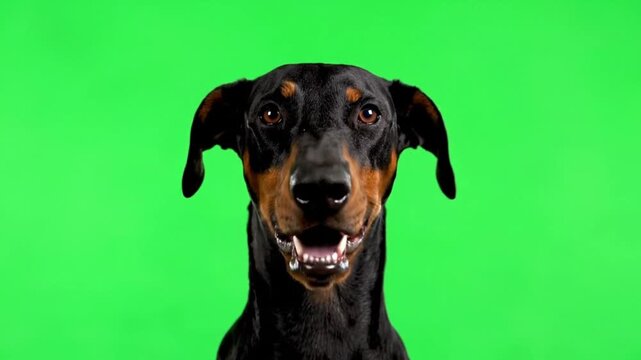 Close-up portrait of a happy Doberman Pinscher dog with its tongue hanging out, looking directly at the camera on a vibrant green screen background