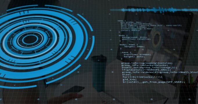 Woman typing at desk beside HUD, hands causing reflected coding scrolling to EXPORT_SYMBOL, editing