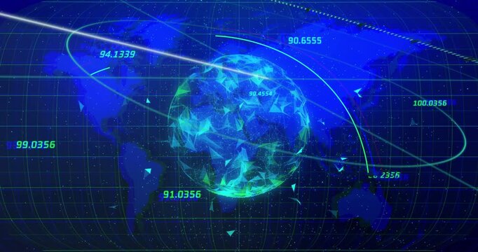 Faint diagonal beam entering central faceted globe rotating as scan beams sweeping HUD merging data