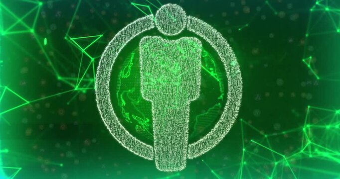 Vertical video: Bright racing particle across globe sparking torus forming user glyph, signaling IT