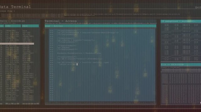 Central terminal editor fading from dark, filling code and updating status panels for technology