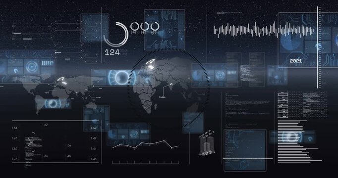 Global HUD activating circular scan, updating globe highlights and refreshing charts for technology