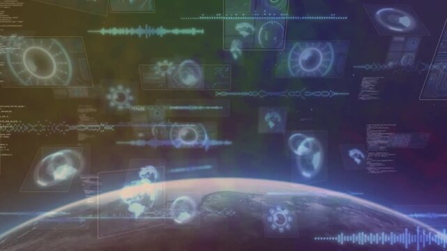 Starting system projecting planet horizon with thin glow, animating holo dials and code for scan
