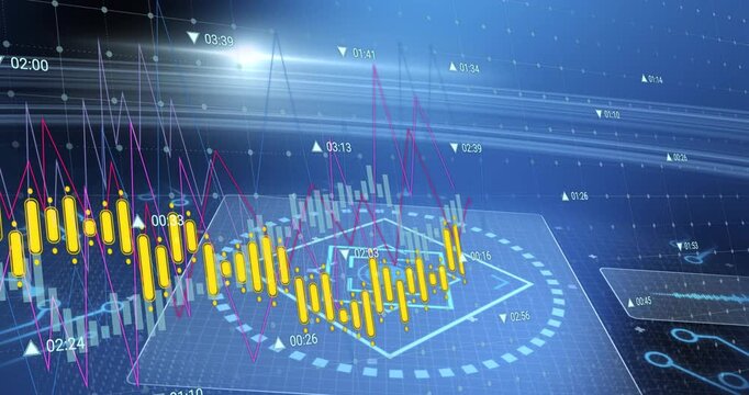 Yellow candlesticks rising from left, driven by data feed, tracking finance volatility with HUD