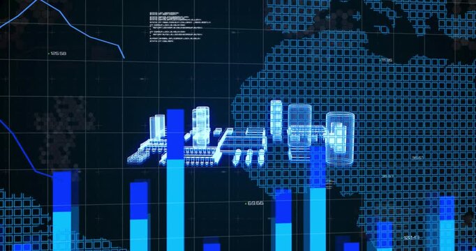 Receiving data feed, blue 3D wireframe board morphing into stacked module in dashboard for metrics
