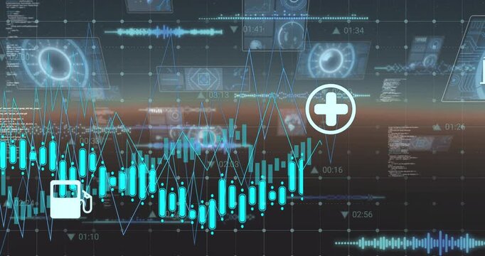 Turquoise candlesticks rising from left grid on finance display, placing icons marking sector peaks
