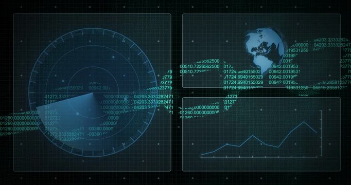 Starting system showing split HUD rotating radar sweep, with scrolling data, globe and chart
