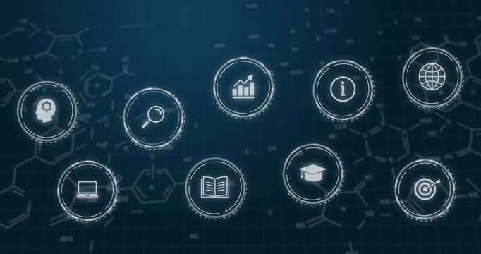 Animating HUD icons with elements appearing, moving inward on grid with rings, forming learning hub