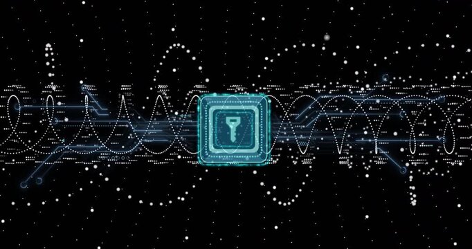 Central cyan square pulsing in HUD, initial pulse driving waves and dots showing data flow