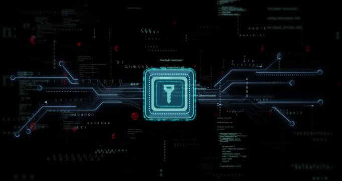Pulsing teal square chip sending signals via funnel icon across dark HUD, lighting traces and nodes
